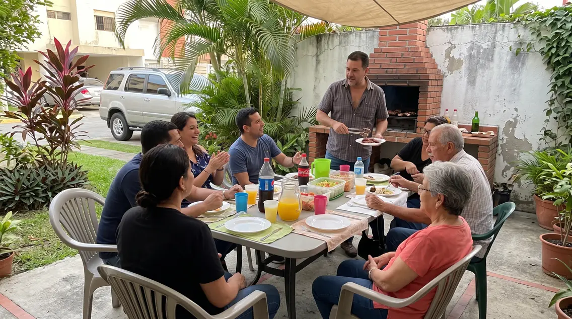 Familia y amigos almorzando alrededor de una mesa en un patio, mientras un hombre de pie sirve carne de la parrilla de ladrillo